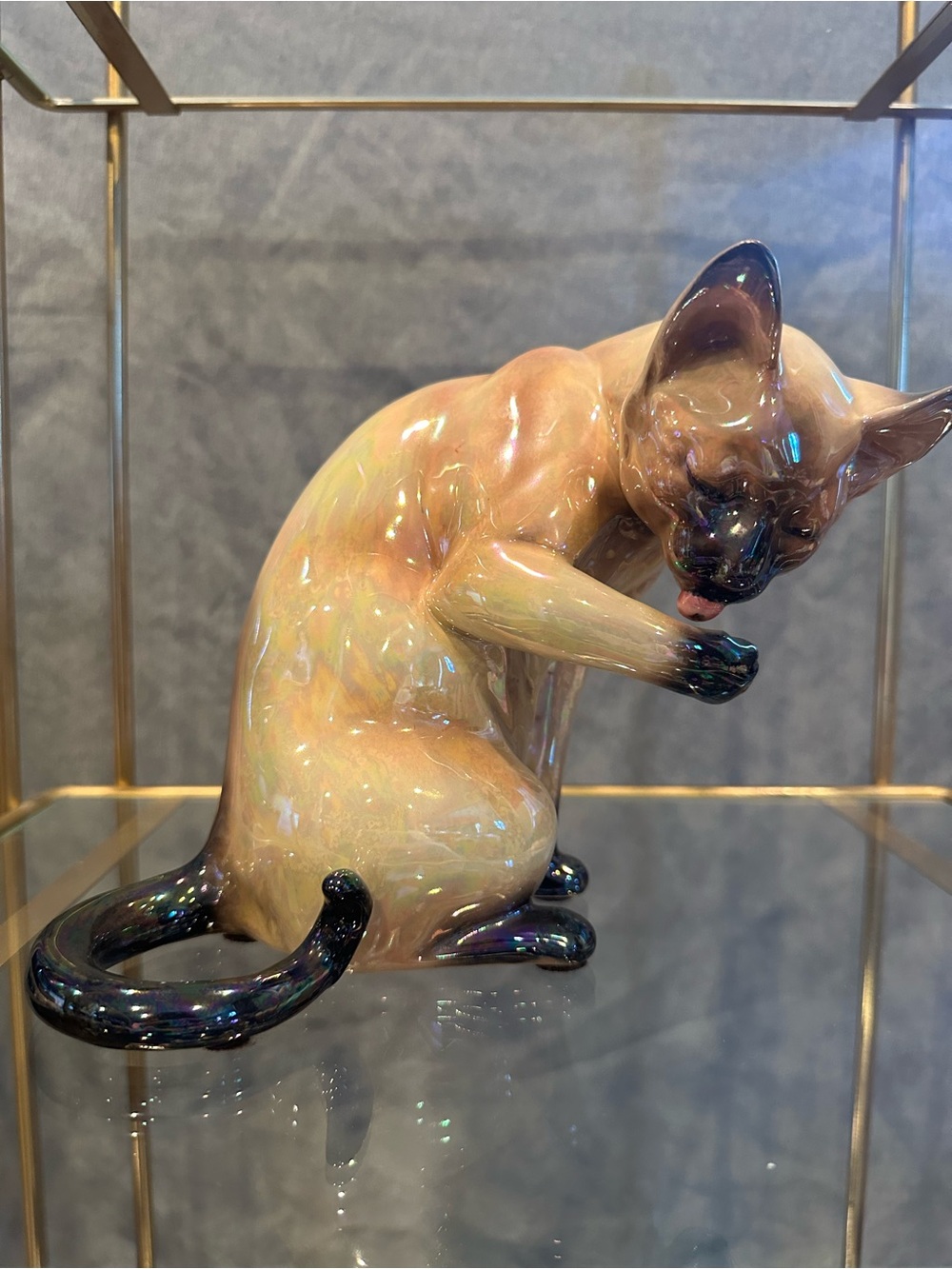 Vintage Norcrest Japan MCM Cat A348 Chocolate Point Siamese Iridescent Glaze EUC